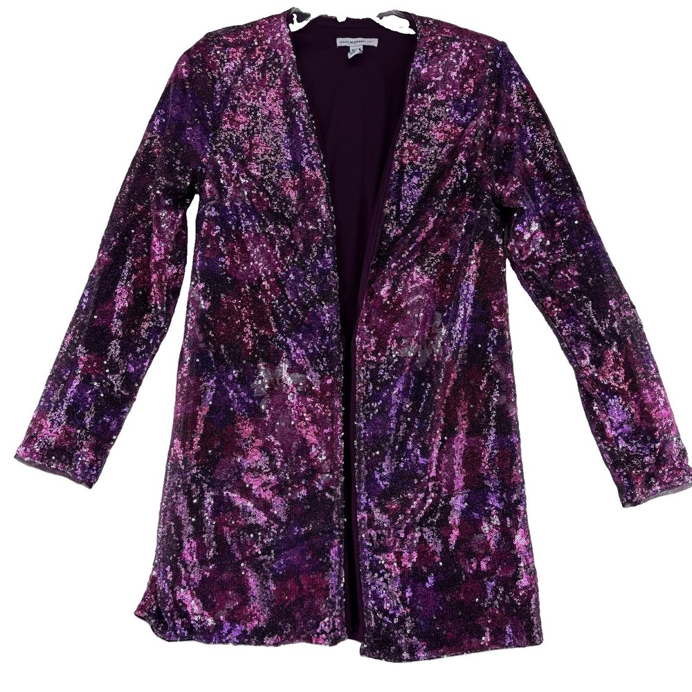 Isaac Mizrahi Live! Long Sleeve Sequin Cardigan Top XXS Wine Floral Purple